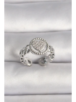 Pirinç Gümüş Renk Zincir Model Zirkon Taşlı Kalp Model Kadın Yüzük