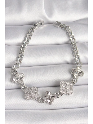 Pirinç Gümüş Renk Zincir Yonca Model Kadın Bileklik