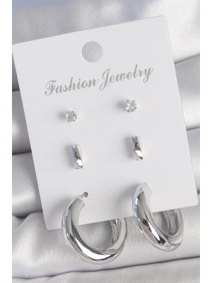 Pirinç Gümüş Renk Zirkon Taş Detay Halka Model 3 Çift Kadın Küpe Seti