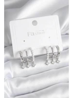 Pirinç Gümüş Renk Zirkon Taş Detay İncili Kadın Küpe