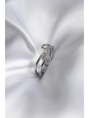 Pirinç Gümüş Renk Zirkon Taş Detay Kalp Model Kadın Yüzük