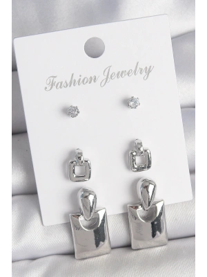 Pirinç Gümüş Renk Zirkon Taş Detay Sallantılı Kare Model 3 Çift Kadın Küpe Seti