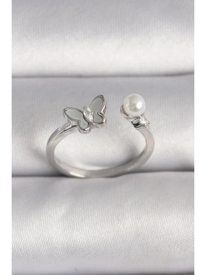 Pirinç Gümüş Renk Zirkon Taş Detaylı Beyaz Mineli Kelebek Figür İnci Detay Ayarlanabilir Yüzük