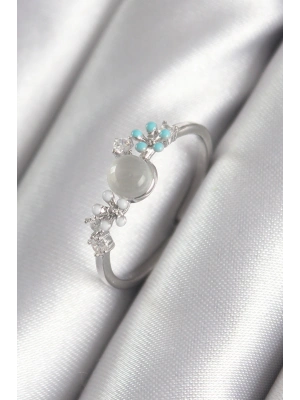 Pirinç Gümüş Renk Zirkon Taş Detaylı Beyaz Sedefli Çiçek Model Kadın Yüzük