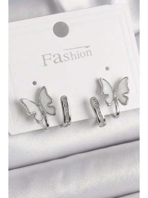 Pirinç Gümüş Renk Zirkon Taş Detaylı Beyaz Sedefli Kelebek Model Kadın Küpe