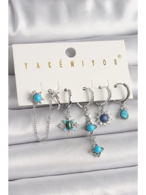 Pirinç Gümüş Renk Zirkon Taş Detaylı Mavi Boncuklu Çiçek Model VIP Seri Kadın Küpe Kombini