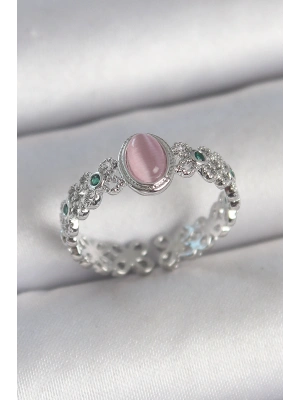 Pirinç Gümüş Renk Zirkon Taş Detaylı Pembe Mineli Damla Model Ayarlanabilir Kadın Yüzük
