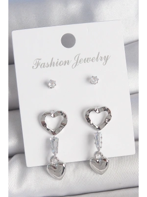 Pirinç Gümüş Renk Zirkon Taş Detaylı Sallantı Model 2 Çift Kadın Küpe Seti