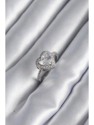 Pirinç Gümüş Renk Zirkon Taş Kalp Charm Model Kadın Yüzük