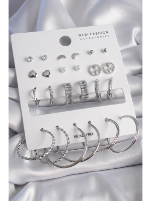 Pirinç Gümüş Renk Zirkon Taşlı 12 Çift Kadın Küpe Seti