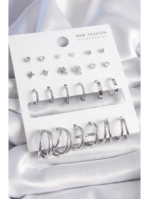 Pirinç Gümüş Renk Zirkon Taşlı 12 Çift Küpe Seti