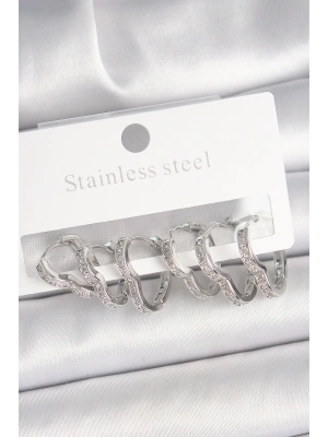 Pirinç Gümüş Renk Zirkon Taşlı 3 Çift Kalp Model Kadın Küpe