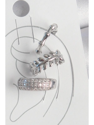 Pirinç Gümüş Renk Zirkon Taşlı 3Lü Model Yaprak Figür Kadın Kıkırdak Küpe