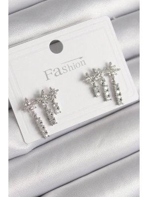 Pirinç Gümüş Renk Zirkon Taşlı 3Lü Sallantı Yıldız Model Kadın Küpe