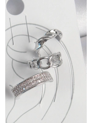 Pirinç Gümüş Renk Zirkon Taşlı 3Lü Zincir Sarmal Model Kadın Kıkırdak Küpe