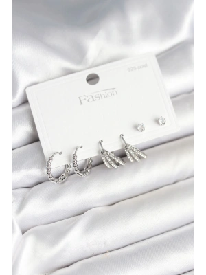 Pirinç Gümüş Renk Zirkon Taşlı 925 Gümüş Çivili Kadın Küpe Seti