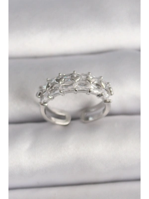 Pirinç Gümüş Renk Zirkon Taşlı Ayarlanabilir Yüzük