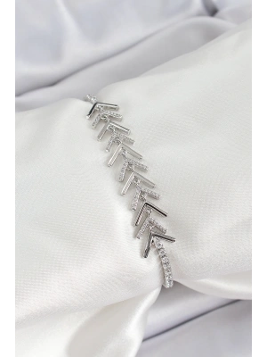 Pirinç Gümüş Renk Zirkon Taşlı Balık Sırtı Kadın Bileklik