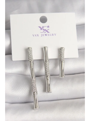 Pirinç Gümüş Renk Zirkon Taşlı Bambu Model 3Lü Kadın Kombin Küpe