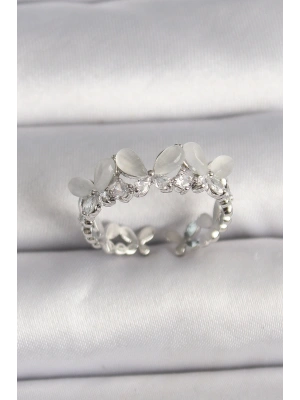 Pirinç Gümüş Renk Zirkon Taşlı Beyaz Mineli Kelebek Model Ayarlanabilir Yüzük