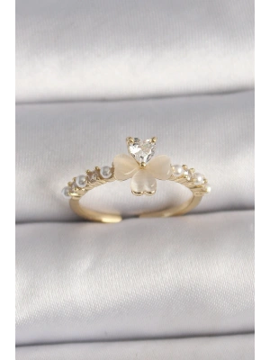 Pirinç Gümüş Renk Zirkon Taşlı Beyaz Mineli Yonca Model İnci Detay Ayarlanabilir Yüzük