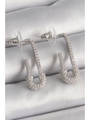 Pirinç Gümüş Renk Zirkon Taşlı Çengelli İğne Model Kadın Küpe