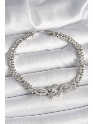 Pirinç Gümüş Renk Zirkon Taşlı Çiçek Figür Arpa Zincir Model Kadın Bileklik