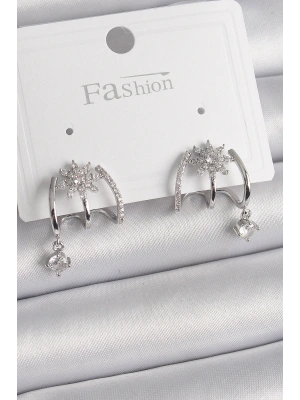 Pirinç Gümüş Renk Zirkon Taşlı Çiçek Figür Sallantı Detay Kadın Küpe