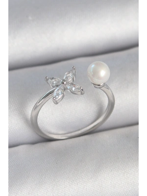 Pirinç Gümüş Renk Zirkon Taşlı Çiçek Model İnci Detay Ayarlanabilir Kadın Yüzük