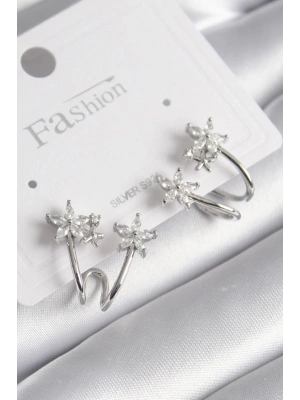 Pirinç Gümüş Renk Zirkon Taşlı Çiçek Model Kadın Küpe