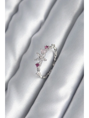 Pirinç Gümüş Renk Zirkon Taşlı Çiçek Model Pembe Zirkon Taş Detay Kadın Yüzük