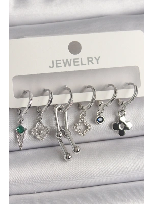 Pirinç Gümüş Renk Zirkon Taşlı Çoklu Figür Kadın Küpe Seti