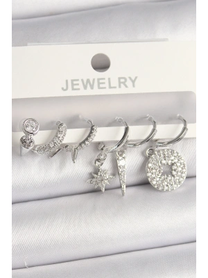 Pirinç Gümüş Renk Zirkon Taşlı Çoklu Figür Kadın Küpe Seti