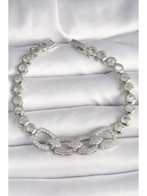 Pirinç Gümüş Renk Zirkon Taşlı Daire Zincir Model Kadın Bileklik