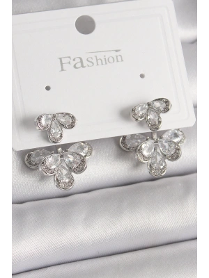 Pirinç Gümüş Renk Zirkon Taşlı Damla Model Kadın Küpe