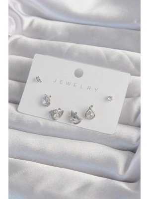 Pirinç Gümüş Renk Zirkon Taşlı Damla Model Küpe Seti