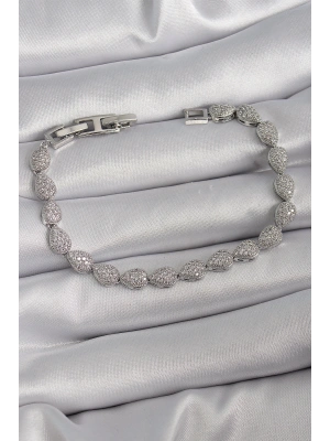 Pirinç Gümüş Renk Zirkon Taşlı Damla Model VIP Seri Kadın Bileklik