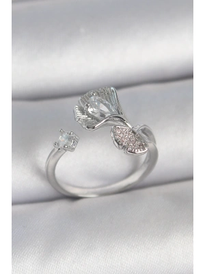 Pirinç Gümüş Renk Zirkon Taşlı Deniz Kabuğu Model Ayarlanabilir Kadın Yüzük