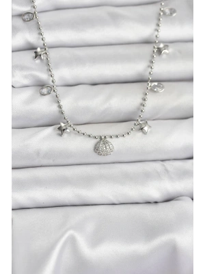 Pirinç Gümüş Renk Zirkon Taşlı Deniz Kabuğu Model Kadın Kolye