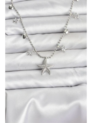 Pirinç Gümüş Renk Zirkon Taşlı Deniz Yıldızı Model Kadın Kolye
