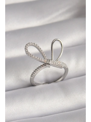 Pirinç Gümüş Renk Zirkon Taşlı Düğüm Model Kadın Yüzük