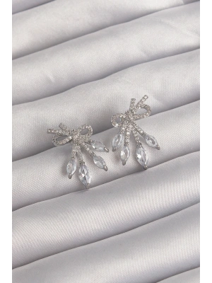 Pirinç Gümüş Renk Zirkon Taşlı Fiyonk Küpe