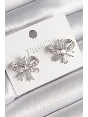 Pirinç Gümüş Renk Zirkon Taşlı Fiyonk Model Kadın Küpe