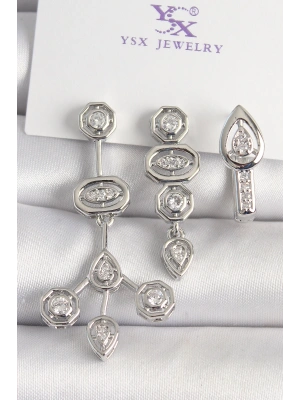 Pirinç Gümüş Renk Zirkon Taşlı Geometrik Model 3Lü Kadın Kombin Küpe