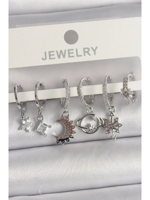 Pirinç Gümüş Renk Zirkon Taşlı Gezgen Model Kadın Küpe Seti