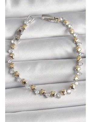 Pirinç Gümüş Renk Zirkon Taşlı Gold Kalpli VIP Seri Kadın Bileklik