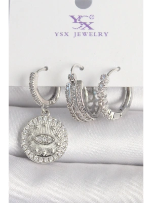 Pirinç Gümüş Renk Zirkon Taşlı Göz İşlemeli Halka Model 3Lü Kadın Kombin Küpe