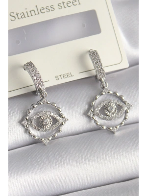 Pirinç Gümüş Renk Zirkon Taşlı Göz Model Kadın Küpe