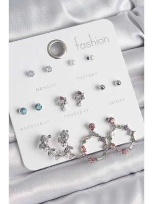 Pirinç Gümüş Renk Zirkon Taşlı Gül Figür Halka Model 7 Çift Kadın Küpe Seti