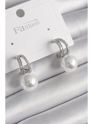 Pirinç Gümüş Renk Zirkon Taşlı Halka İnci Detay Kadın Küpe